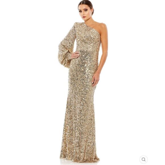 Mac Duggal 26717 SEQUINED ONE SHOULDER BISHOP SLEEVE TRUMPET GOWN - Picture 1 of 16